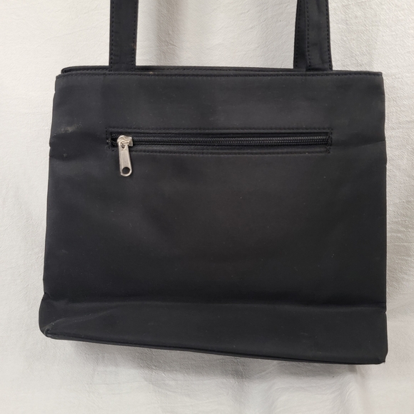 Black Nylon Multi-Pocket Organizer Tote Shoulder Bag Travel Work Silver Hardware - Picture 2 of 4